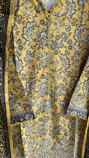 Pakistani Original Bin Saeed Cotton Chickankari Stitched 3Pcs_ Dark Yellow 